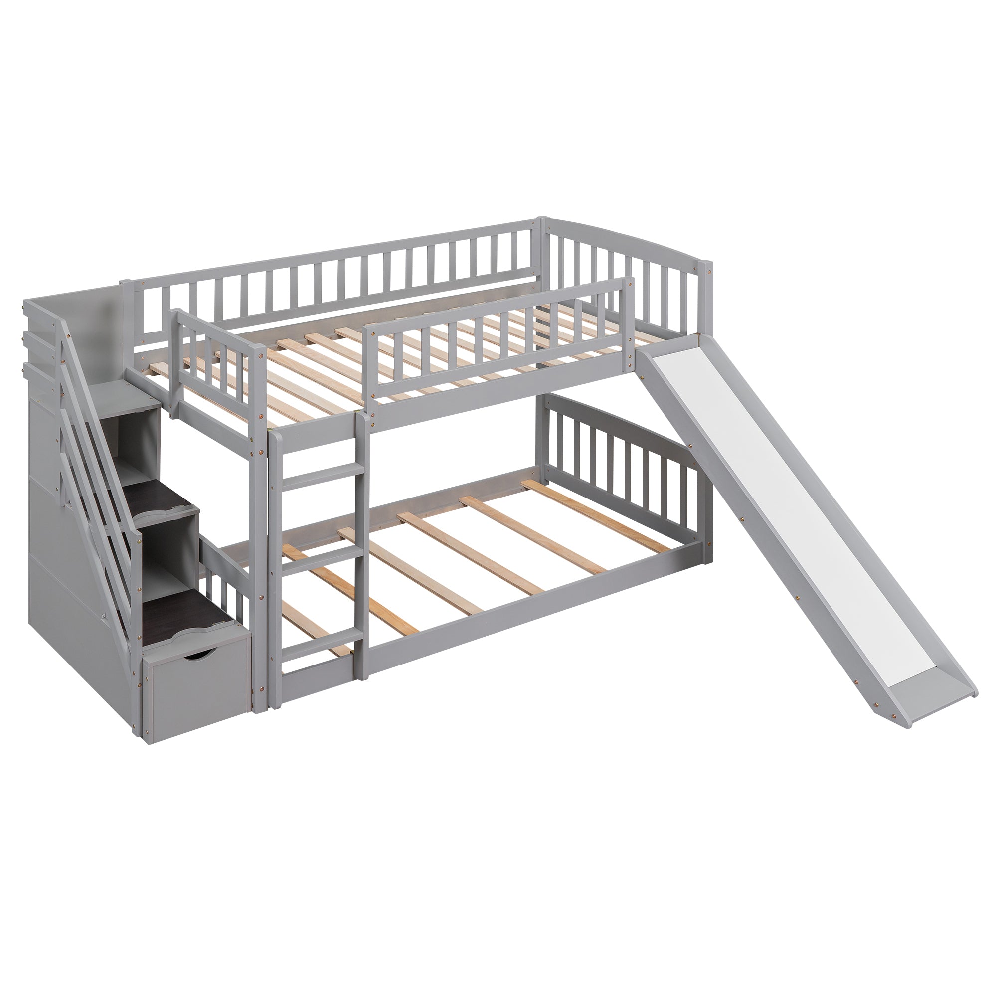 Stairway Twin over Twin Bunk Bed with Two Drawers and Slide, Gray(OLD SKU :LT000155AAE) - Atlantic Fine Furniture Melbourne FL
