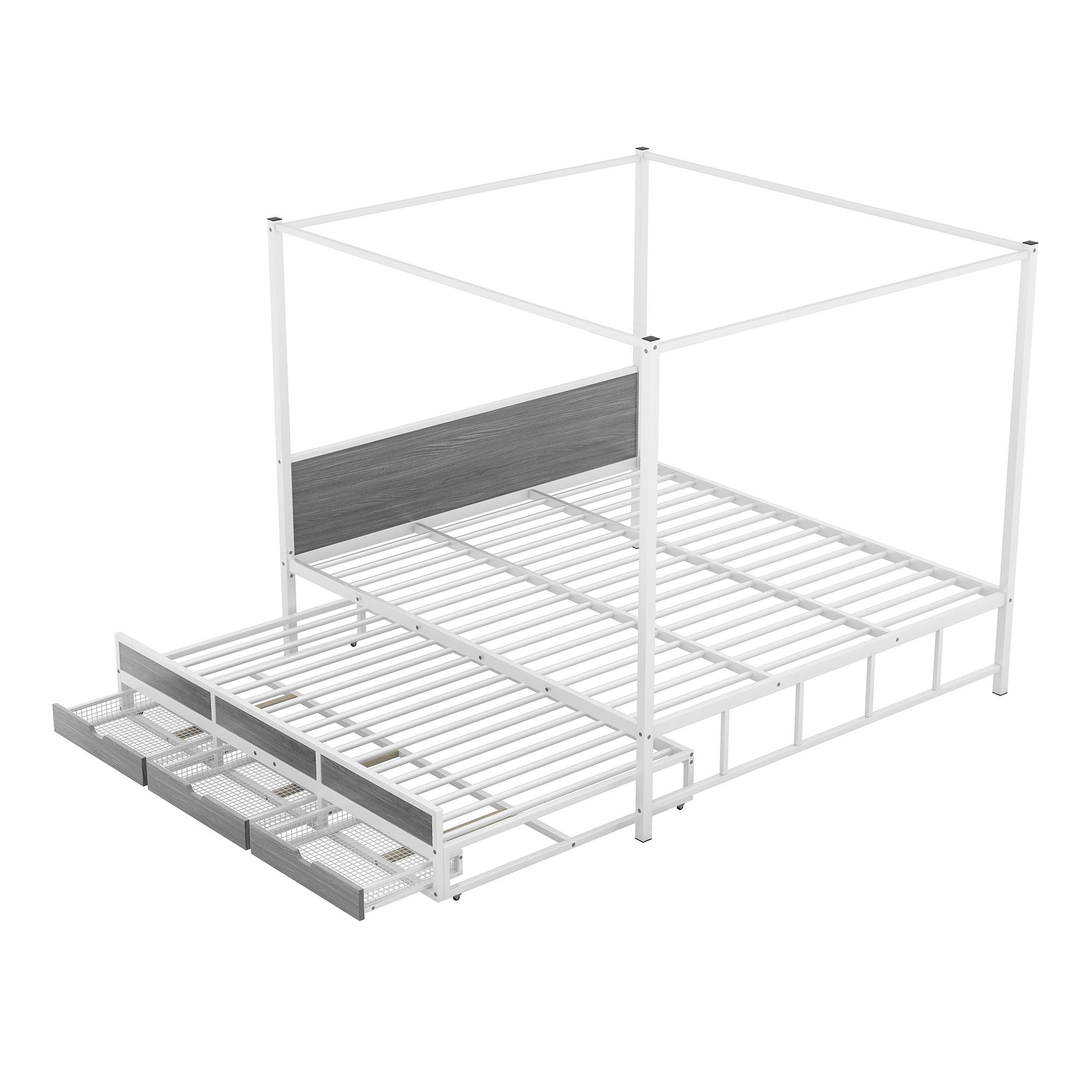 Queen Size Metal Canopy Platform Bed with Twin Size Trundle and 3 Storage Drawers, White - Atlantic Fine Furniture Melbourne FL