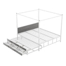 Queen Size Metal Canopy Platform Bed with Twin Size Trundle and 3 Storage Drawers, White