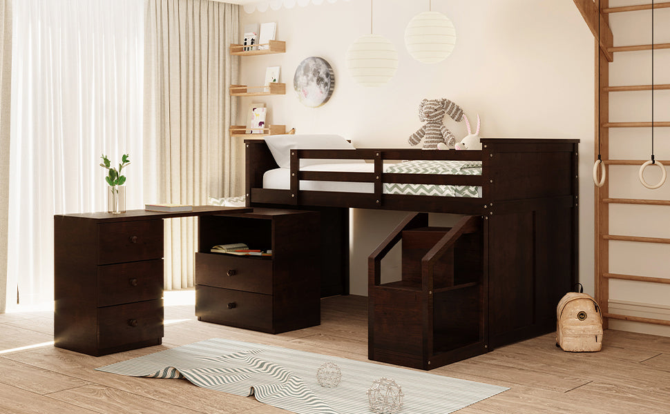 Loft Bed Low Study Twin Size Loft Bed With Storage Steps and Portable,Desk,Espresso(OLD SKU: LT000101AAP) - Atlantic Fine Furniture Melbourne FL