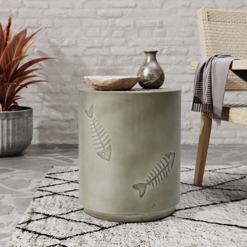 Rustic Magnesium Oxide Side Table With Fish Pattern Design - Gray