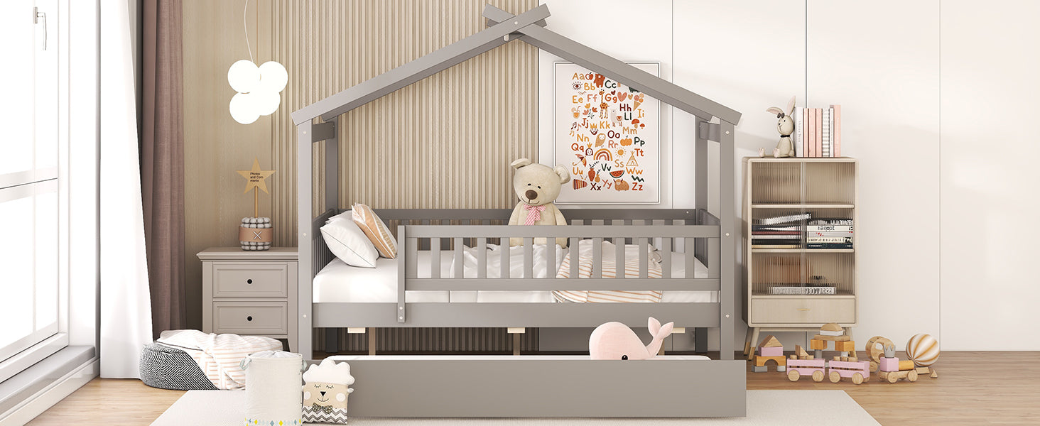 Full Size Wooden House Bed with Twin Size Trundle, Gray - Atlantic Fine Furniture Melbourne FL