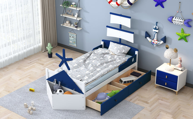 Twin Size Boat-Shaped Platform Bed with 2 Drawers ,Twin Bed with Storage for Bedroom,Blue