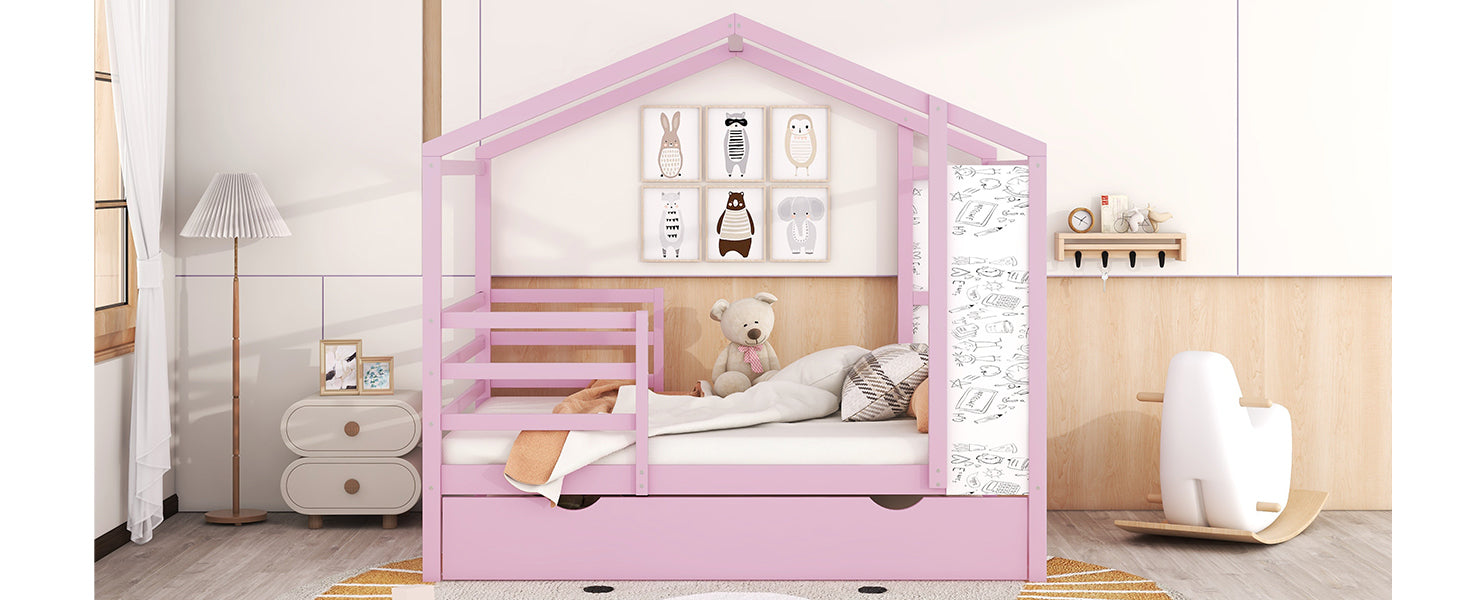 Full Size Wood House Bed with Fence and Writing Board, Pink - Atlantic Fine Furniture Melbourne FL