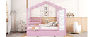 Full Size Wood House Bed with Fence and Writing Board, Pink