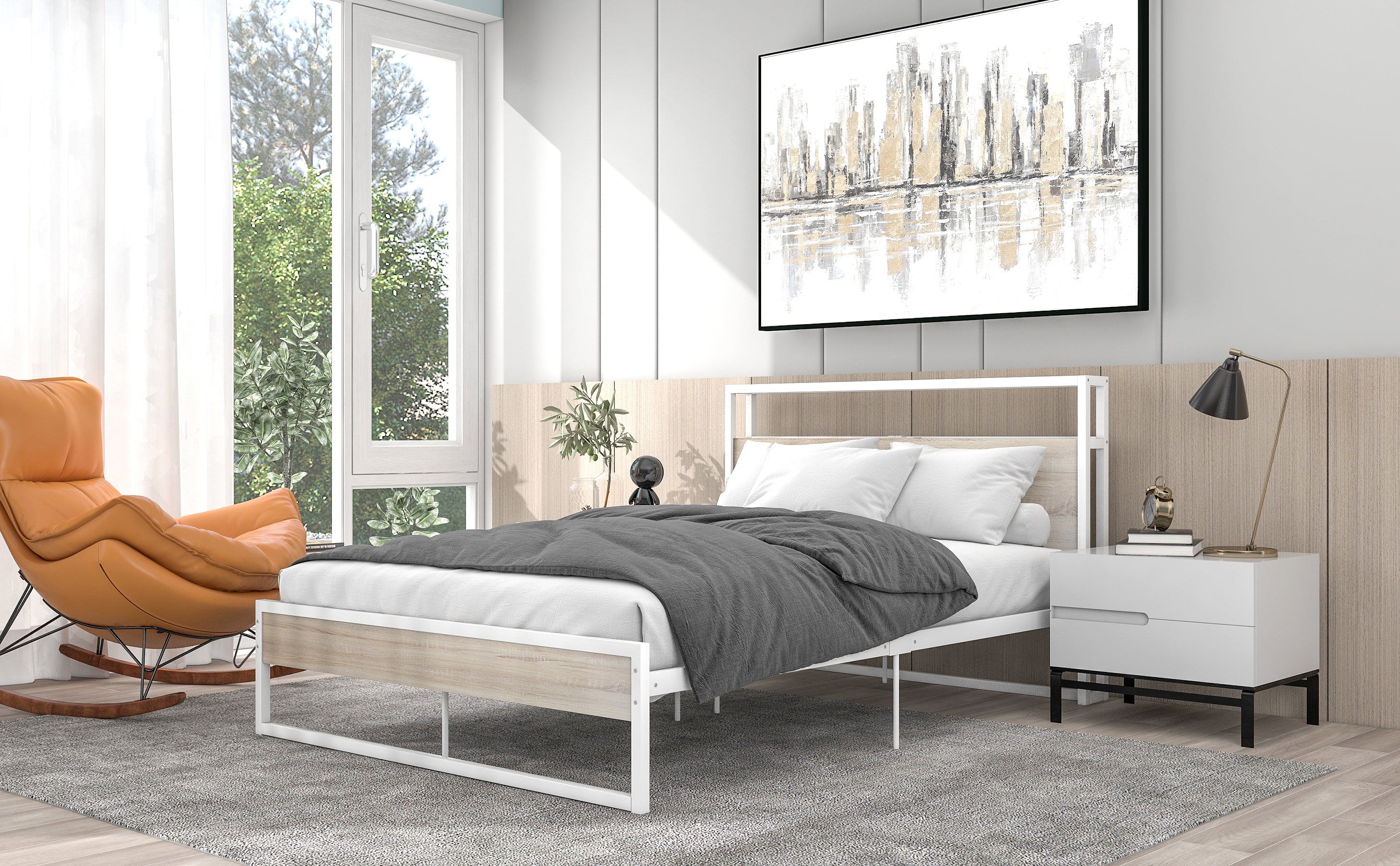 Full Size Metal Platform Bed Frame with Sockets, USB Ports and Slat Support ,No Box Spring Needed White