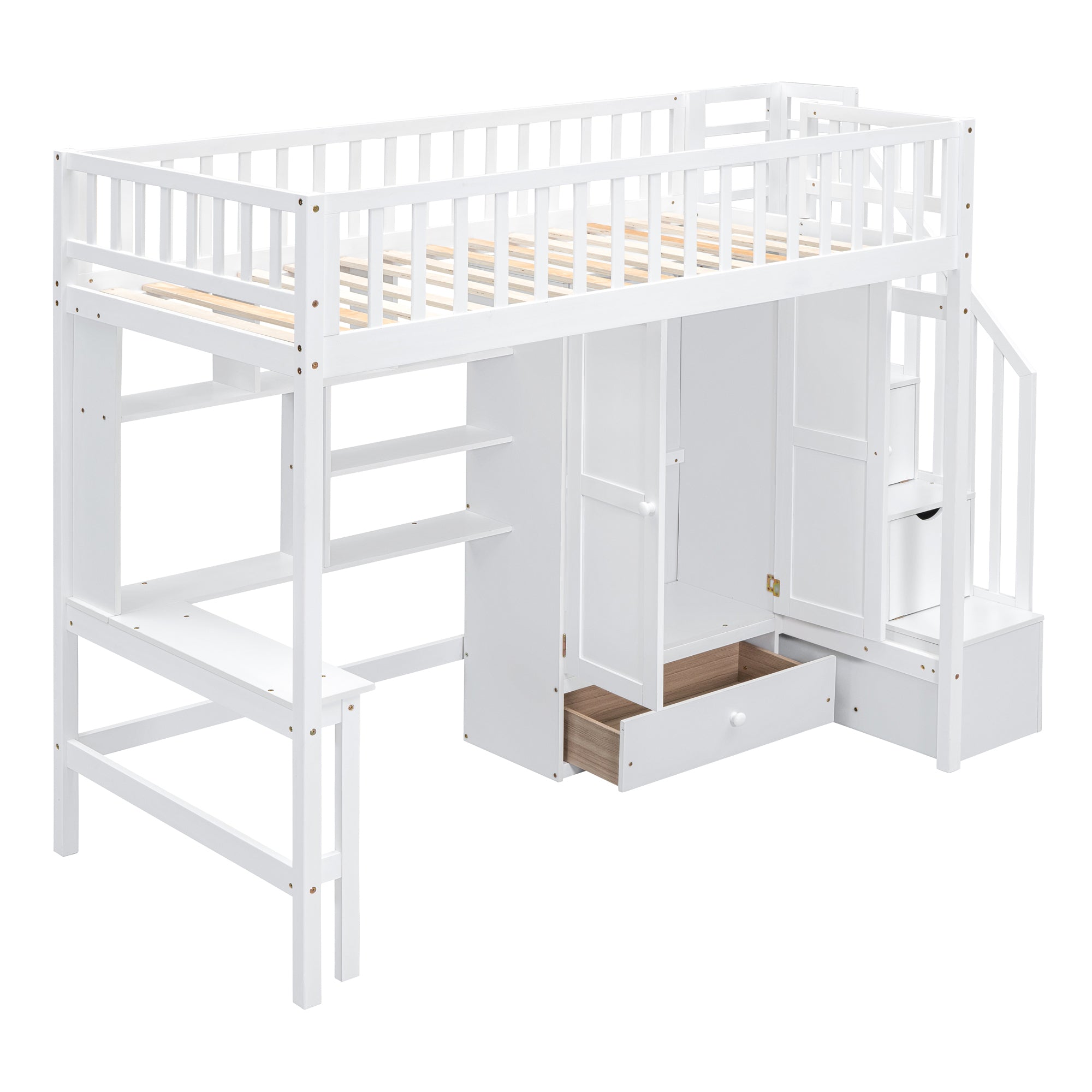 Twin size Loft Bed with Bookshelf,Drawers,Desk,and Wardrobe-White - Atlantic Fine Furniture Melbourne FL