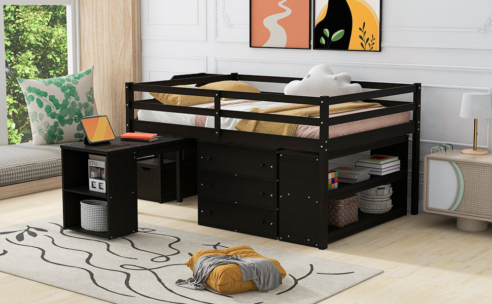 Full Size Loft Bed with Retractable Writing Desk and 3 Drawers, Wooden Loft Bed with Storage Stairs and Shelves, Espresso - Atlantic Fine Furniture Melbourne FL