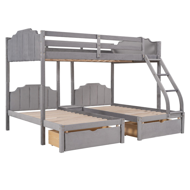 Full Over Twin & Twin Bunk Bed, Velvet Triple Bunk Bed With Drawers And Guardrails - Gray