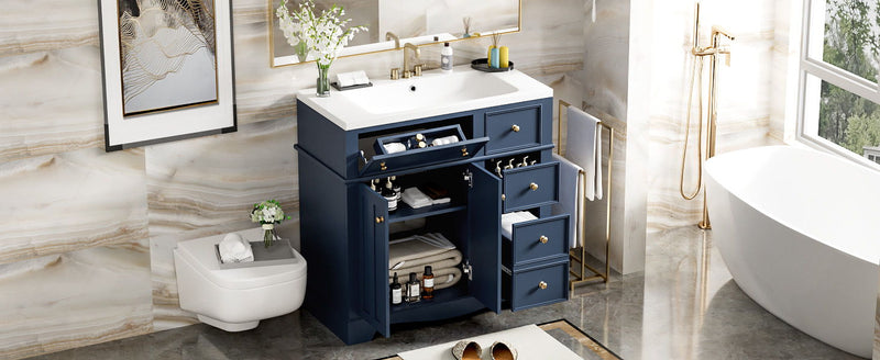 Bathroom Vanity With Resin Sink Combo, Frame Bathroom Storage Cabinet, Freestanding Vanity Set With 3 Drawers & Adjustable Shelf - Blue