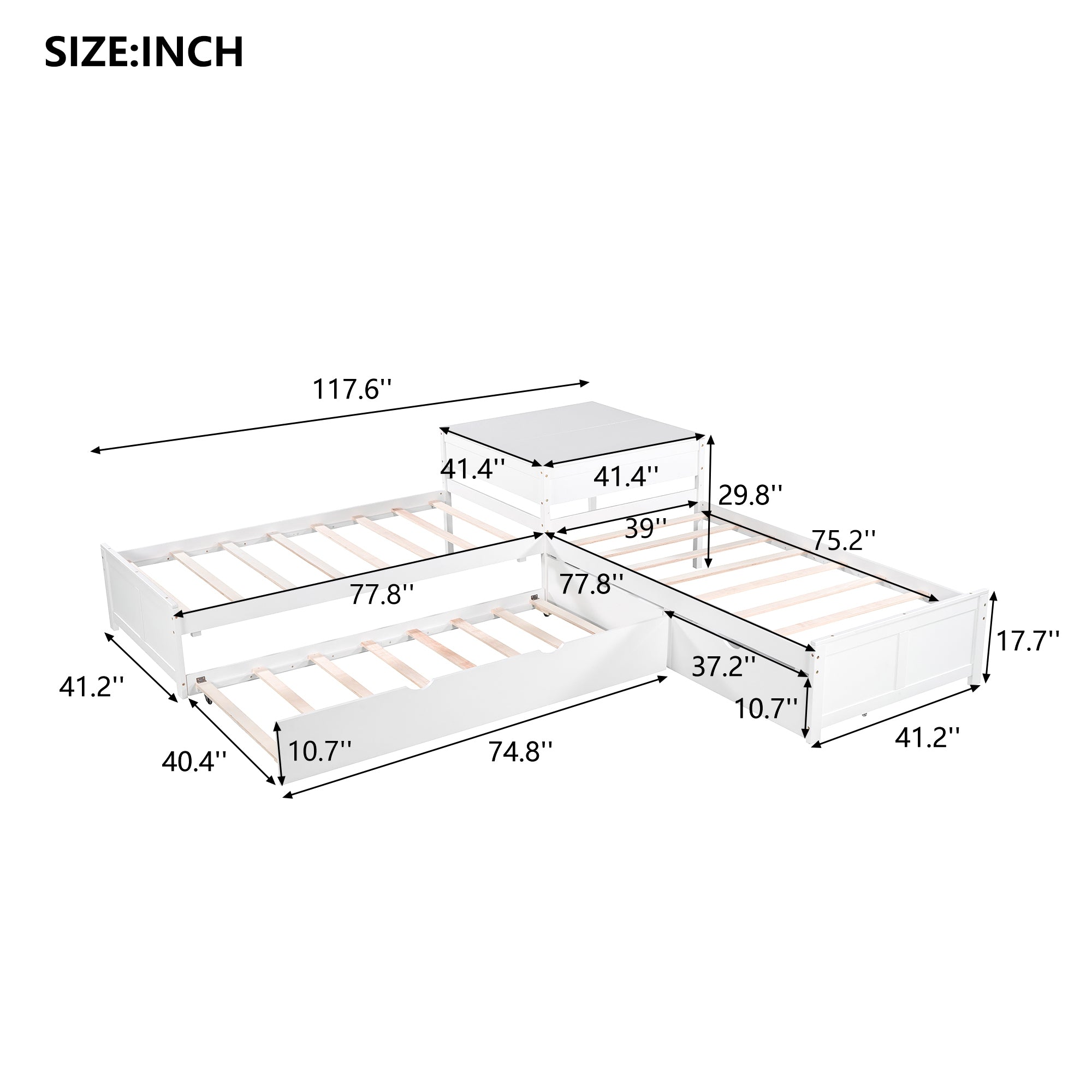 L-shaped Platform Bed with Trundle and Drawers Linked with built-in Desk,Twin,White - Atlantic Fine Furniture Melbourne FL