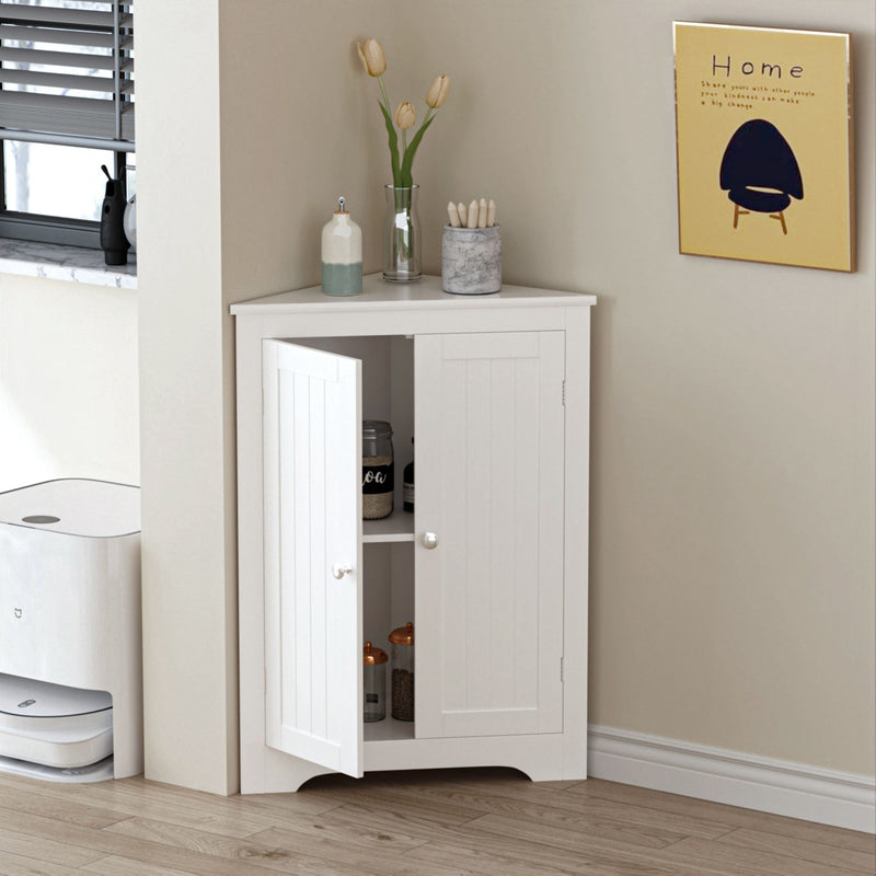 Corner Cabinet With 2 Doors And Adjustable Shelves, Freestanding Narrow Storage Organizer For Bathroom - White