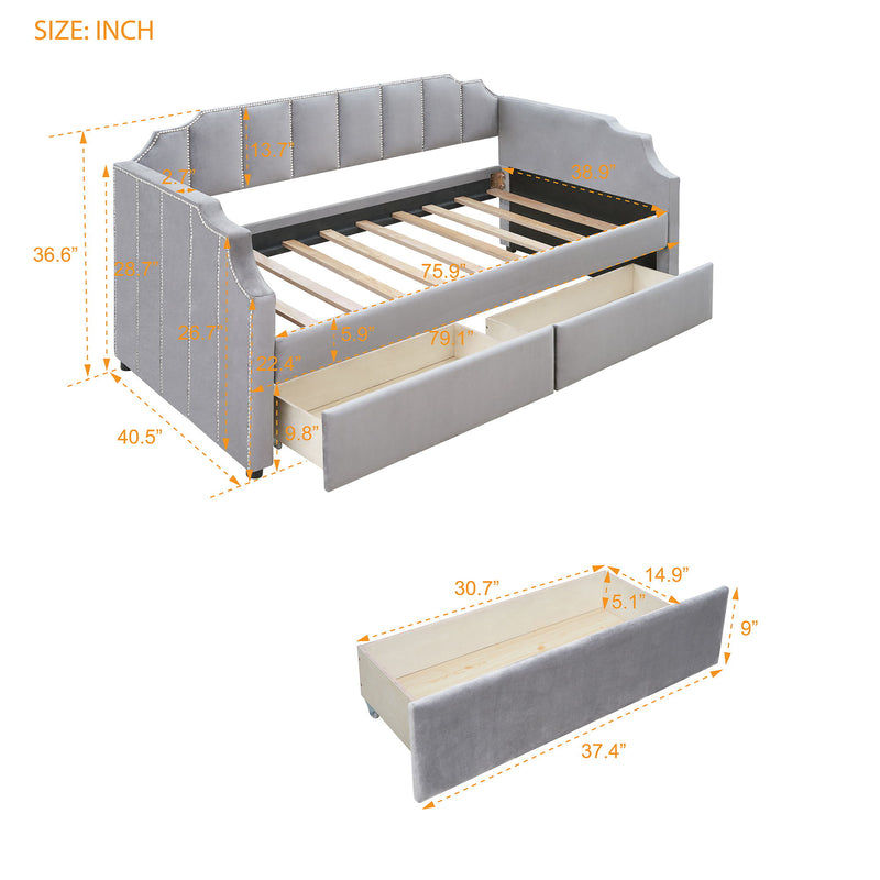 Upholstered Daybed With Drawers, Slat Support