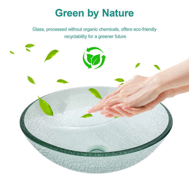 Crackle Vessel Sink, Round Bowl With Pop Up Drain - Clear