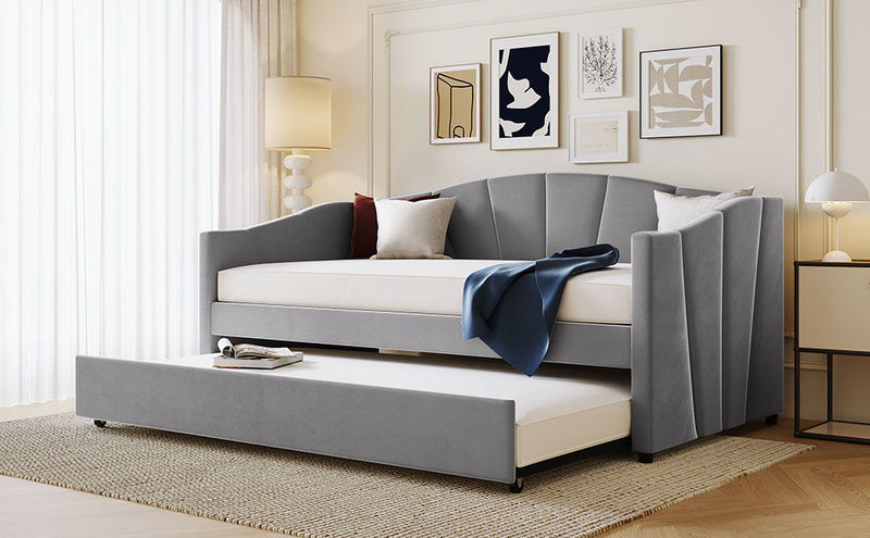 Upholstered Daybed Sofa Bed With Trundle Bed And Wood Slat