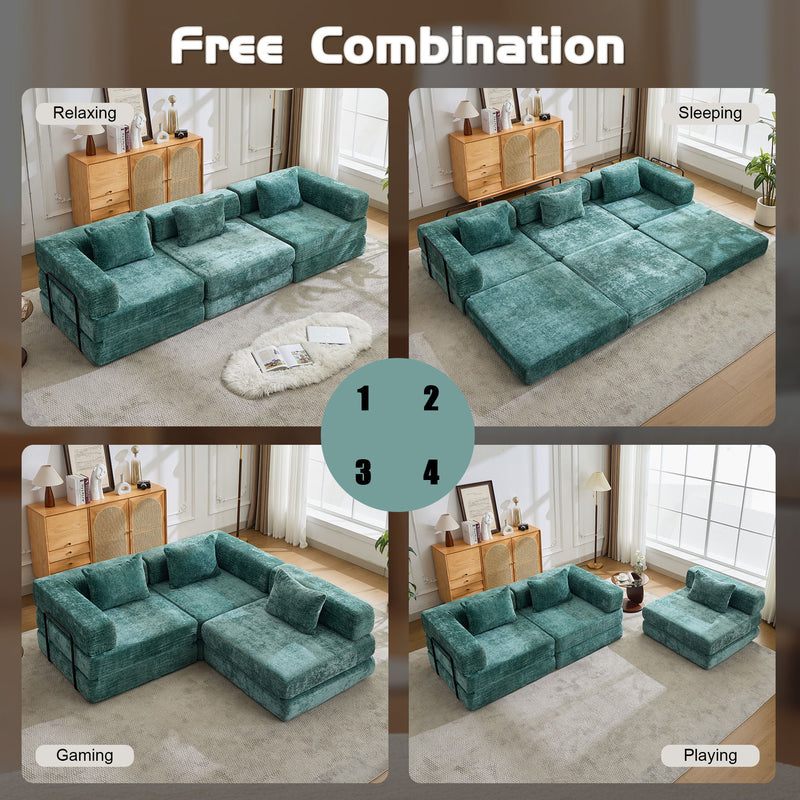 Convertible Floor Sofa Bed With Fixed Shape Frame, Boneless Modular Sectional Sofa, For Living Room - Dark Green