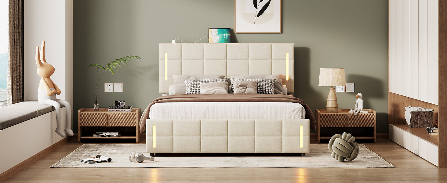 Full Size Upholstered Bed with Hydraulic Storage System and LED Light, Beige