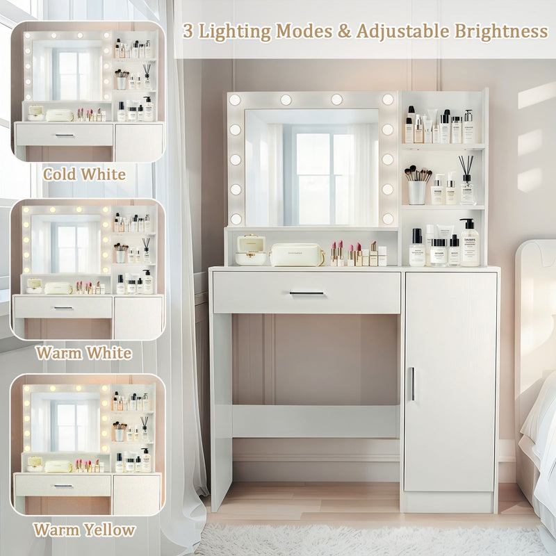 Vanity Desk With Mirror And Adjustable LED Lights, 3 Lighting Modes, Drawer And Storage Cabinet - White