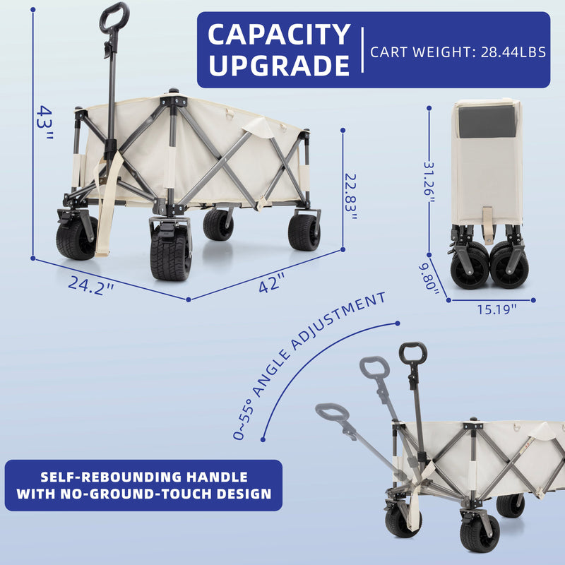Aluminum Alloy Folding Wagon, Heavy Duty Utility Beach Wagon Cart For Sand With Big Wheels, Adjustable Handle & Drink Holders For Shopping, Camping, Garden And Outdoor