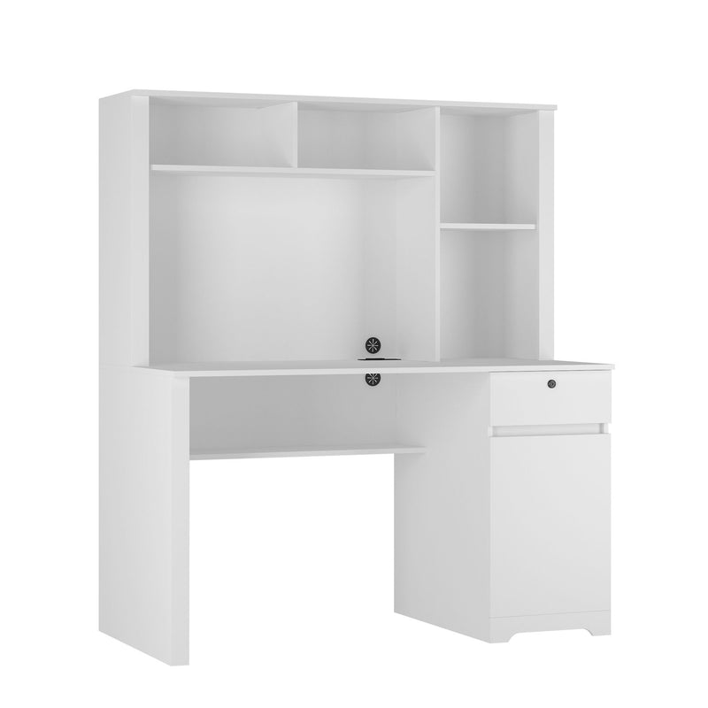 Computer Desk With Hutch & Bookshelf, Wood Executive Desk Teens Student Desk Writing Laptop Home Office Desk With Drawers, 3 Ac Outlets And 2 USB Charging Ports, Study Laptop Table For Home - White