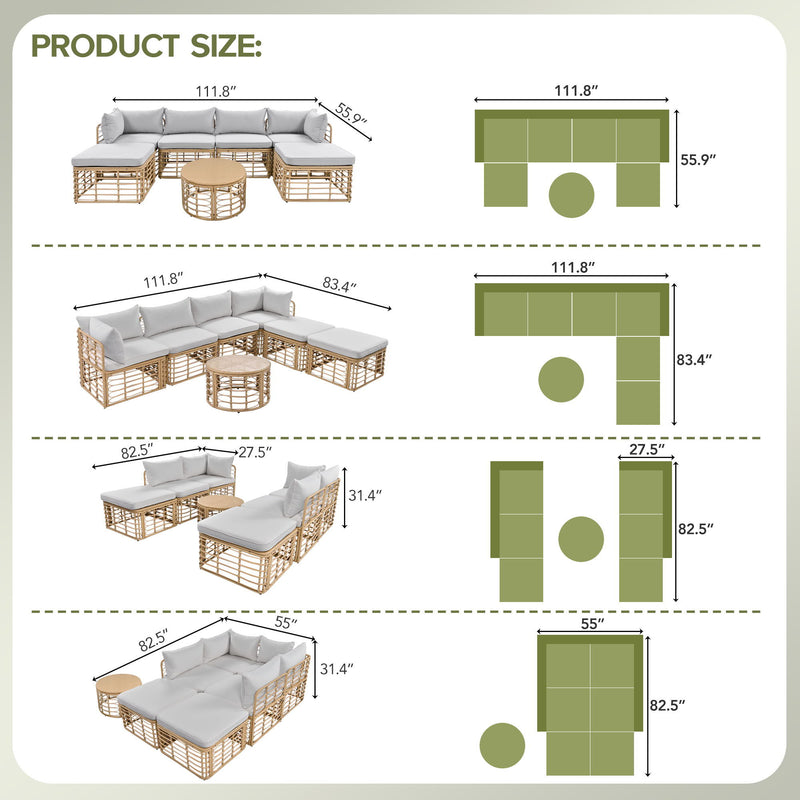 Outdoor Patio Furniture, All-Weather Rattan Sectional Sofa Set With Thick Cushions And Pillows, Freely Combined Conversation Sets For Garden, Backyard, Balcony