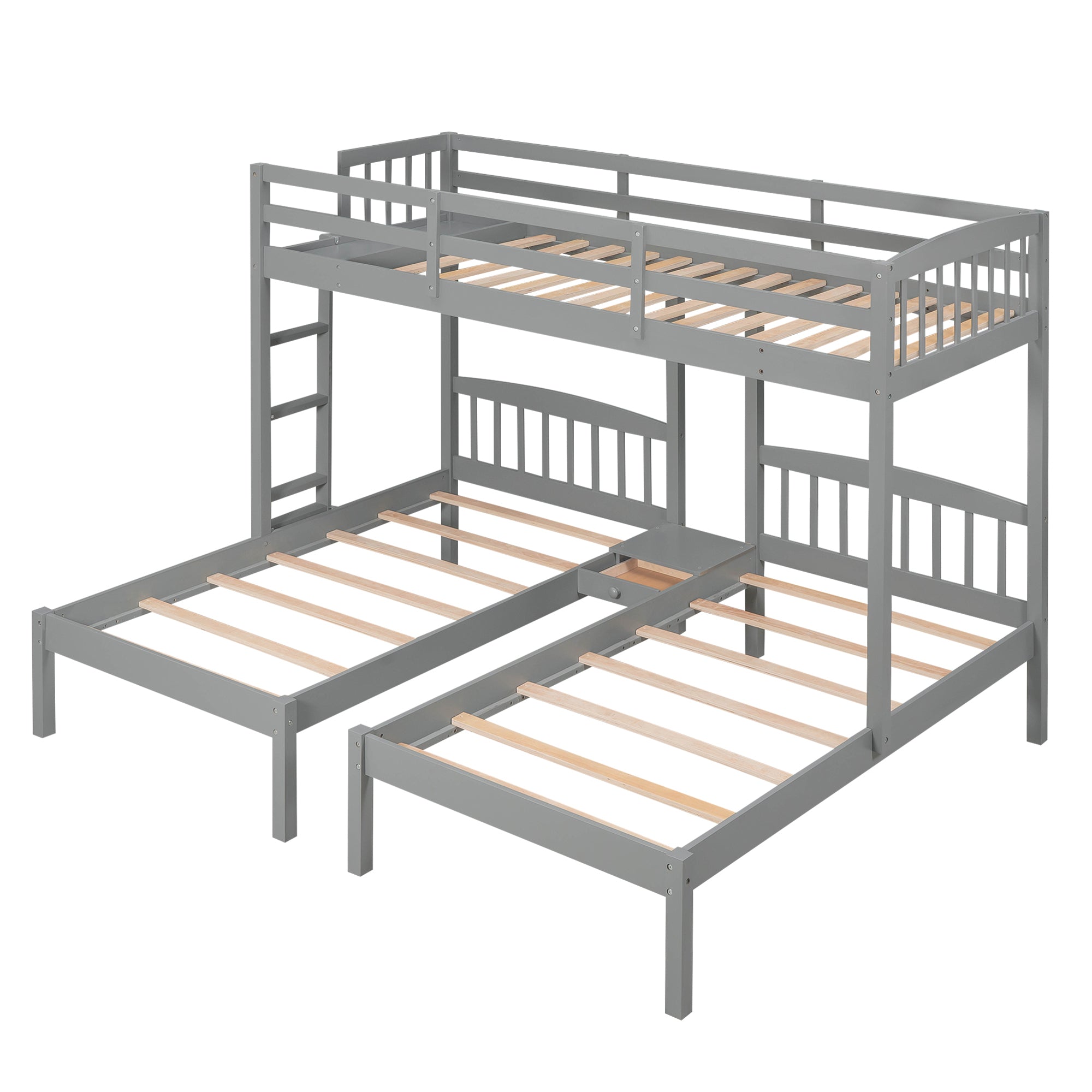 Twin over Twin & Twin Bunk Bed with Built-in Middle Drawer, Gray - Atlantic Fine Furniture Melbourne FL