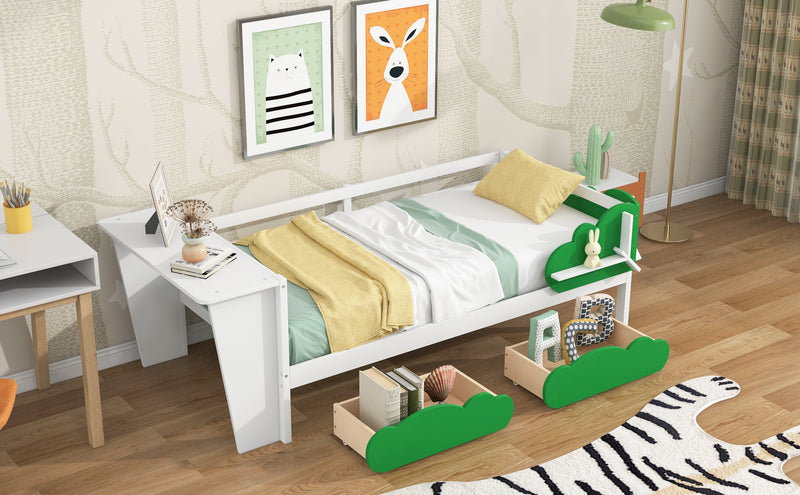 Twin Size Daybed with Desk, Green Leaf Shape Drawers and Shelves, White