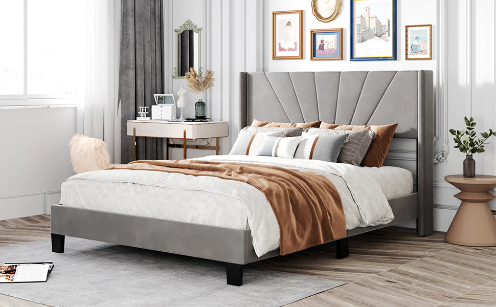 Queen Size Velvet Upholstered Platform Bed, Box Spring Needed - Gray - Atlantic Fine Furniture Melbourne FL