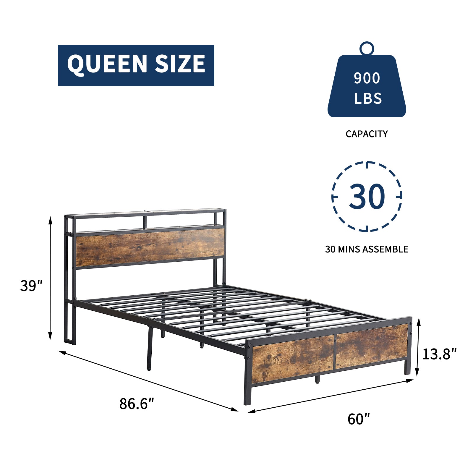 Industrial QUEEN Bed Frame with LED Lights and 2 USB Ports, Bed Frame Full Size with Storage, Noise Free, No Box Spring Needed, Rustic Brown