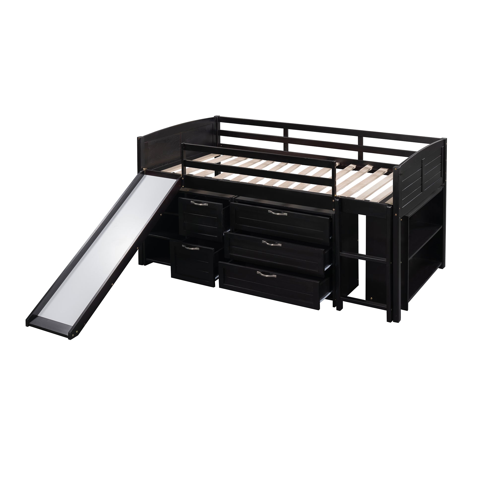 Low Twin Size Loft Bed with Cabinets, Shelves and Slide - Espresso(OLD SKU :LP000503AAP) - Atlantic Fine Furniture Melbourne FL