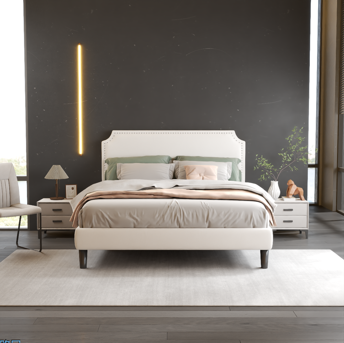 Queen Size Platform Bed with Upholstered Headboard and Slat Support, Heavy Duty Mattress Foundation, No Box Spring Required, Easy to Assemble,Beige - Atlantic Fine Furniture Melbourne FL