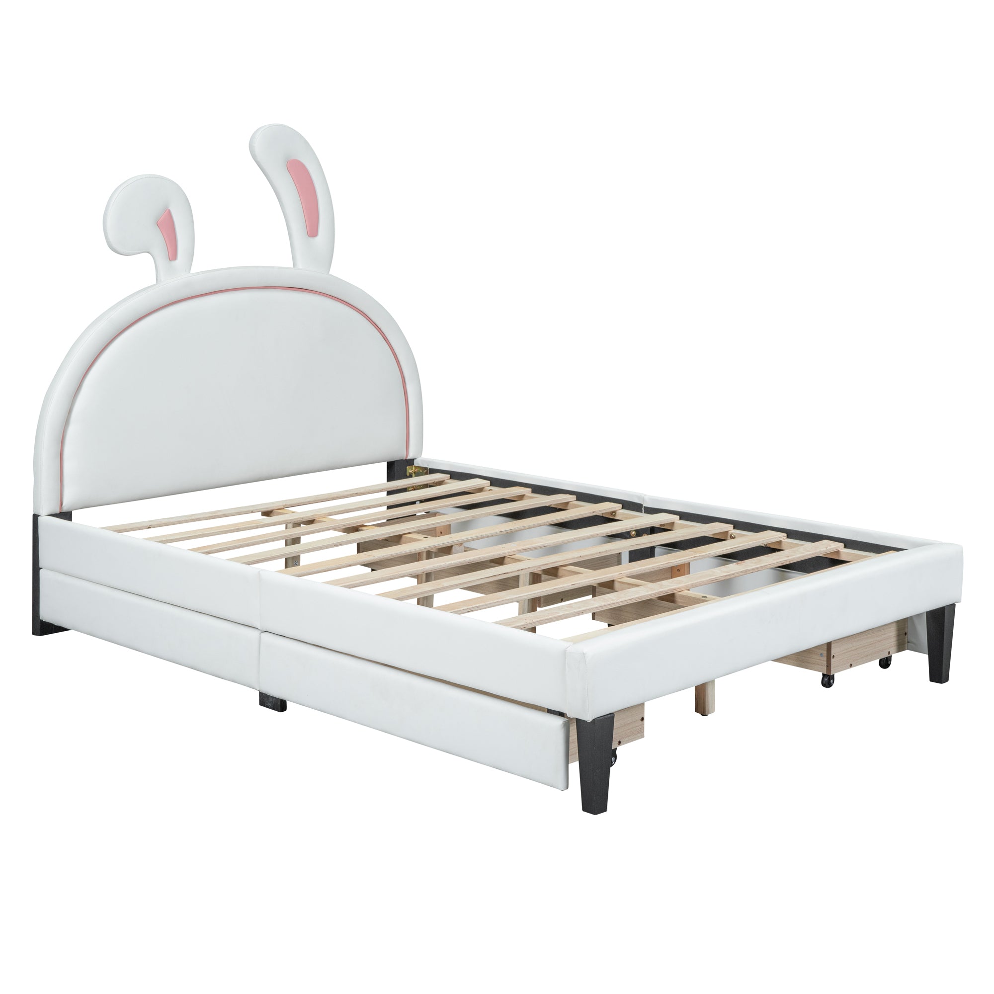 Full Size Upholstered Leather Platform Bed with Rabbit Ornament and 4 Drawers, White - Atlantic Fine Furniture Melbourne FL