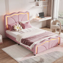 Upholstered Platform Bed & Curve Shaped And Height Adjustable Headboard, LED Light Strips