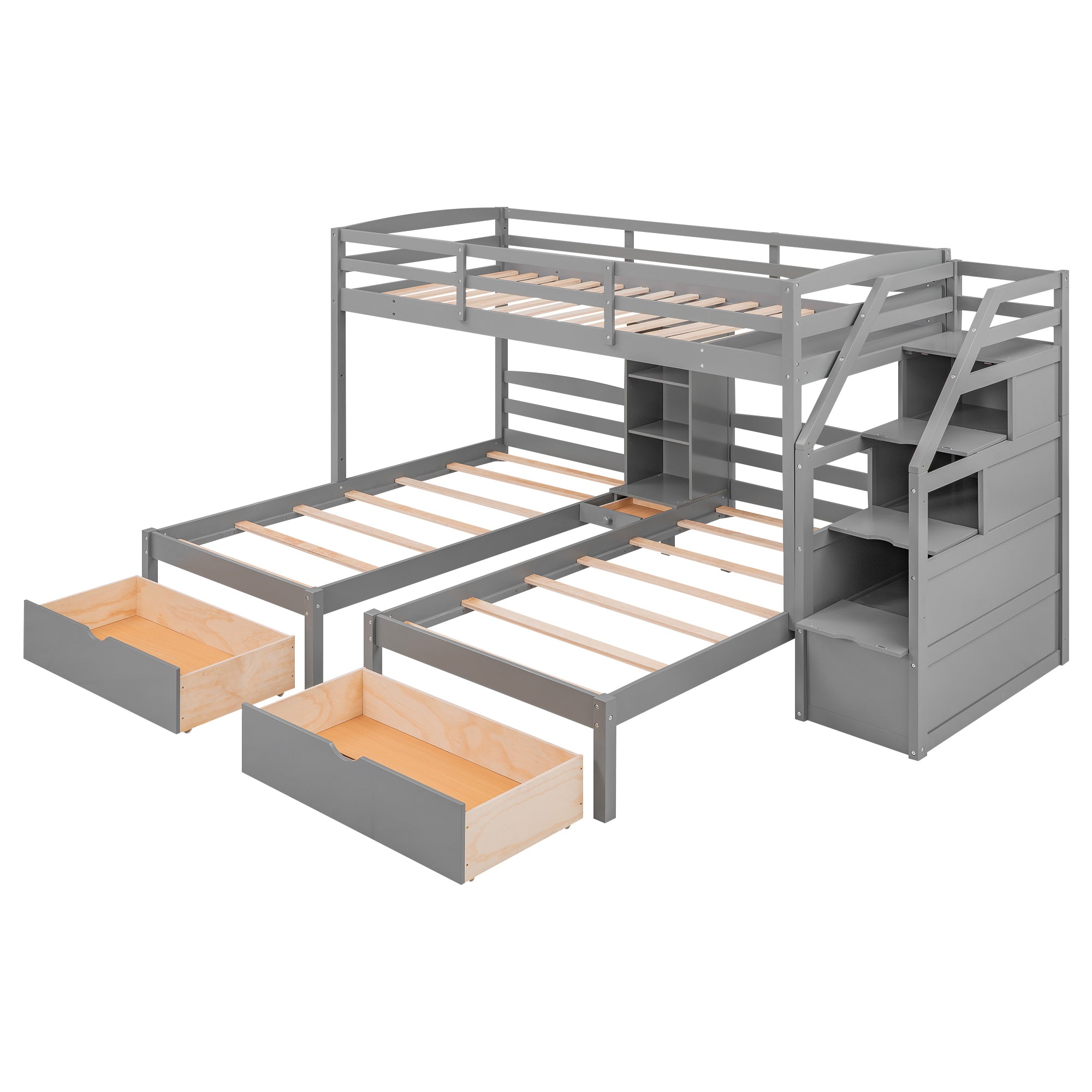 Twin over Twin&Twin Bunk Bed, Triple Bunk Bed with Drawers, Staircase with Storage, Built-in Shelves, Gray - Atlantic Fine Furniture Melbourne FL