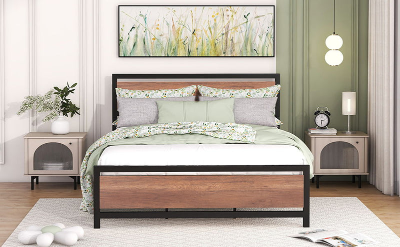 Platform Bed, Metal And Wood Bed Frame With Headboard And Footboard