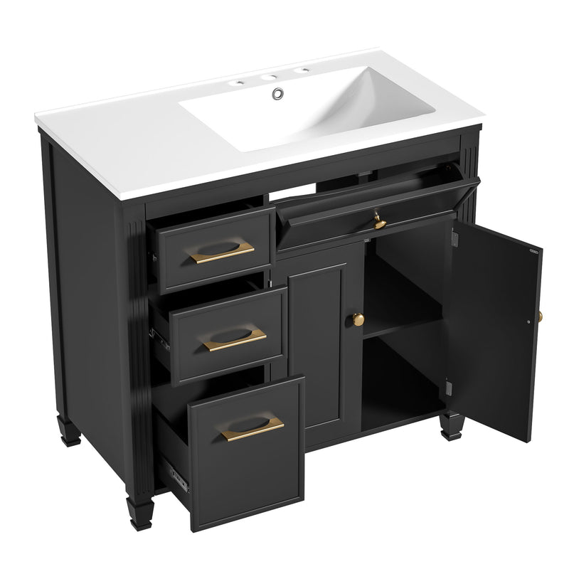Modern Bathroom Vanity With Ceramic Sink, Freestanding, One Tip Out Drawer, 3 Side Drawers, Adjustable Shelf