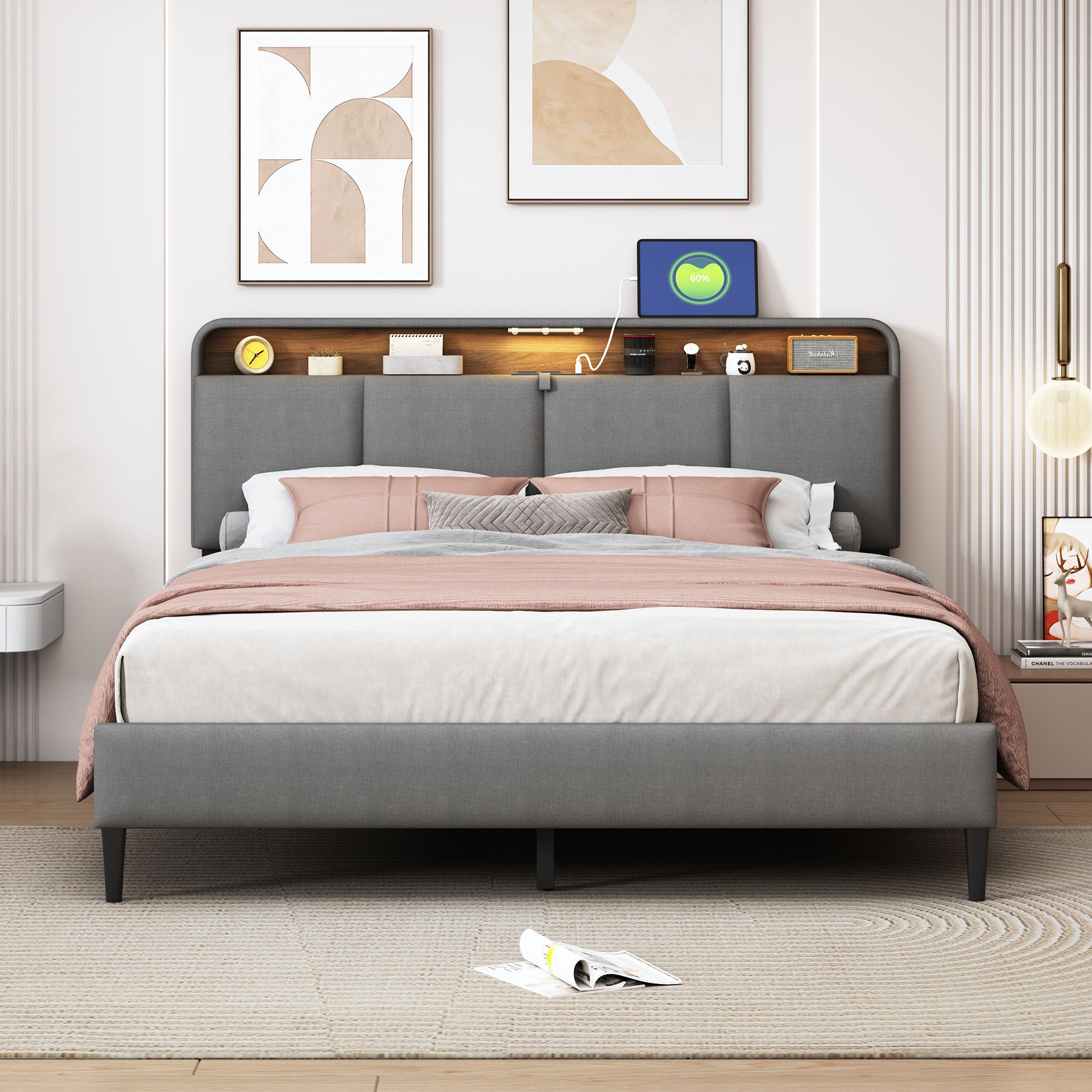 Queen size Upholstered Platform Bed with Storage Headboard, Sensor Light and a set of Sockets and USB Ports, Linen Fabric, Gray - Atlantic Fine Furniture Melbourne FL