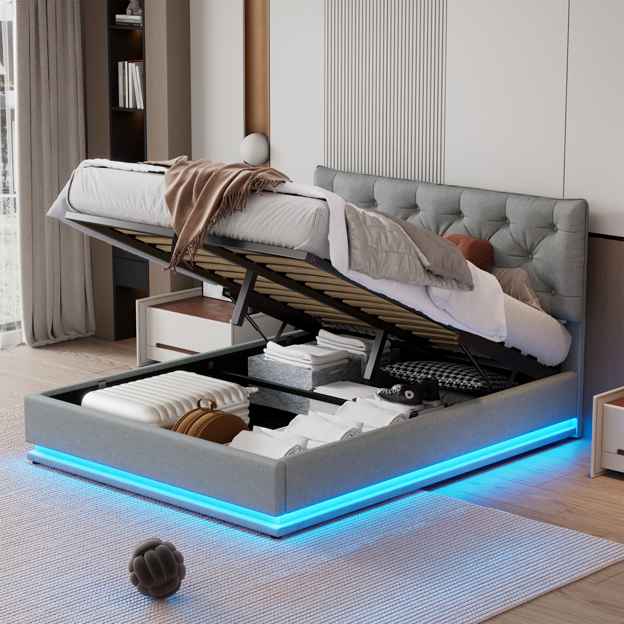 Queen Size Upholstered Bed with Hydraulic Storage System and LED Light, Modern Platform Bed with Button-tufted Design Headboard, Gray - Atlantic Fine Furniture Melbourne FL