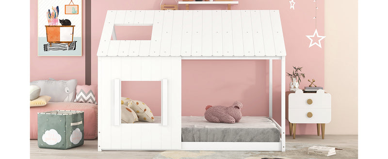 Full Size House Bed with Roof and Window - White