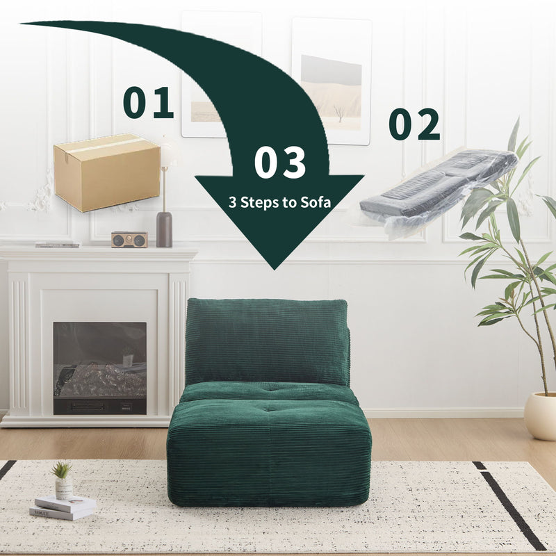 Compressed Sofa, Single Chaise Longue, Movable Ottoman For Living Room - Green