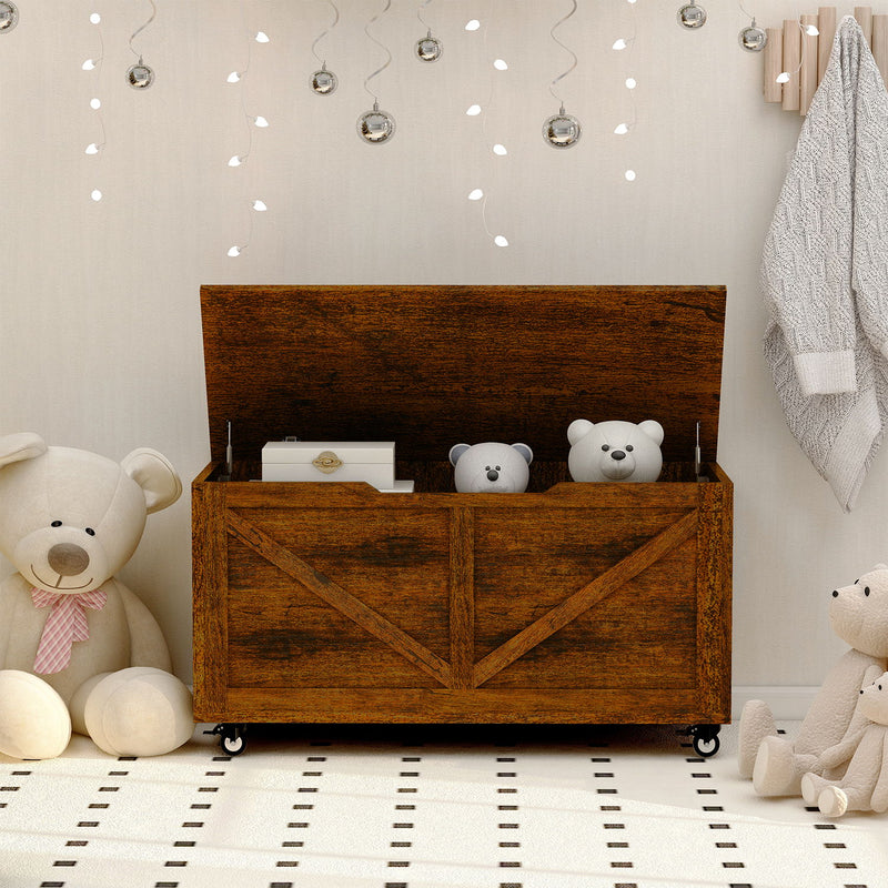 Rustic Wooden Storage Chest With Wheels And Safety Hinge, 300 Lb Capacity - Rustic Brown