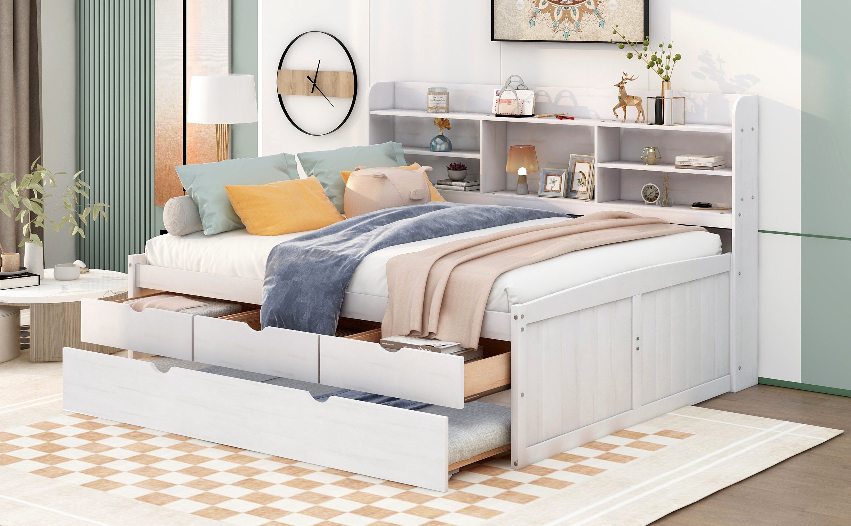Full Size Wooden Captain Bed with Built-in Bookshelves,Three Storage Drawers and Trundle,White Wash - Atlantic Fine Furniture Melbourne FL