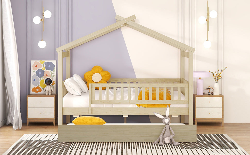 Full Size Wooden House Bed with Twin Size Trundle, Natural - Atlantic Fine Furniture Melbourne FL