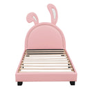 Twin Size Upholstered Leather Platform Bed with Rabbit Ornament, Pink