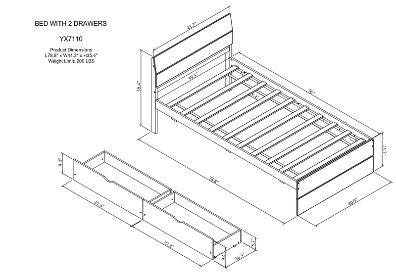 Modern Twin Bed Frame With 2 Drawers For White High Gloss Headboard and Footboard With Washed White Color