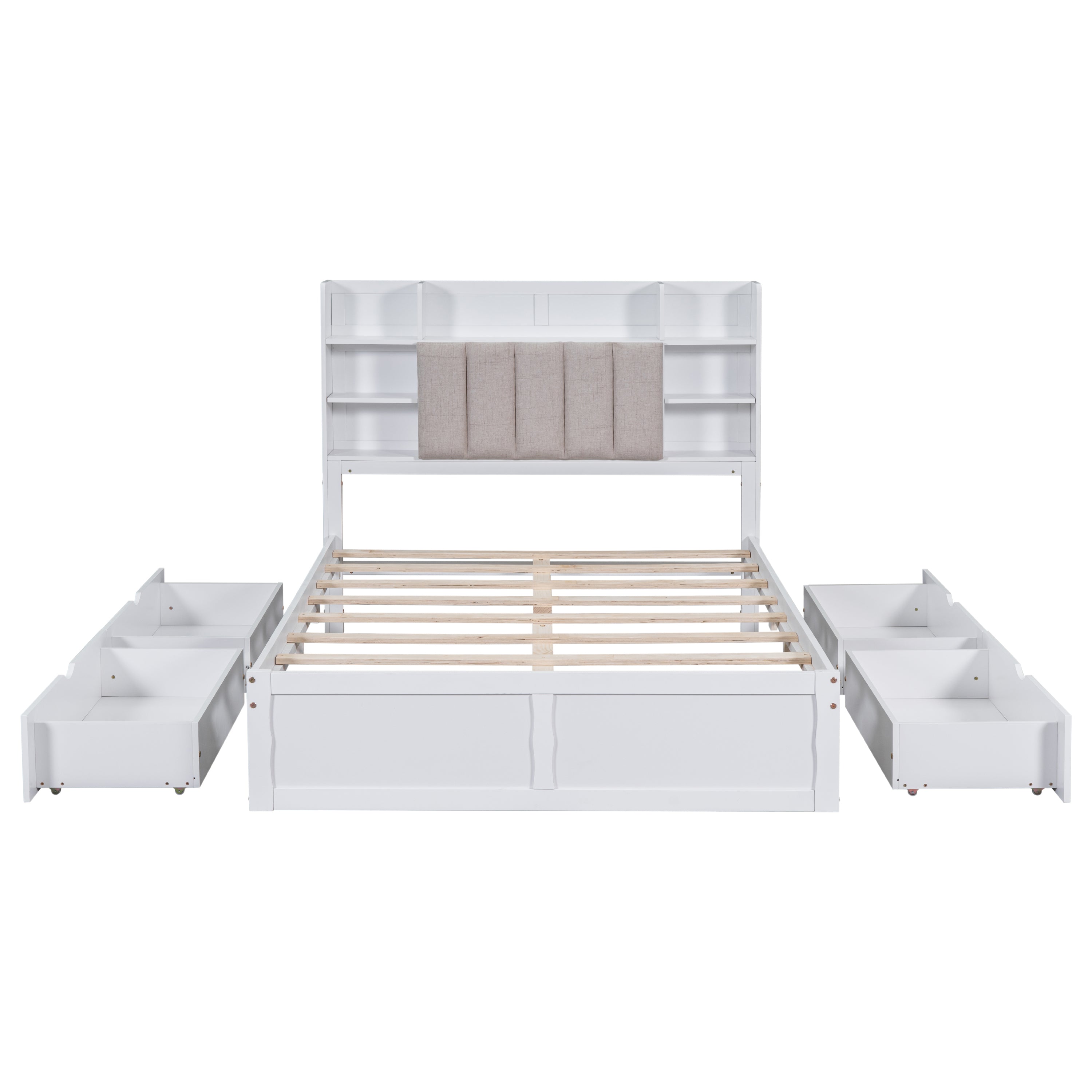Multi-functional Full Size Bed Frame with 4 Under-bed Portable Storage Drawers and Multi-tier Bedside Storage Shelves, White