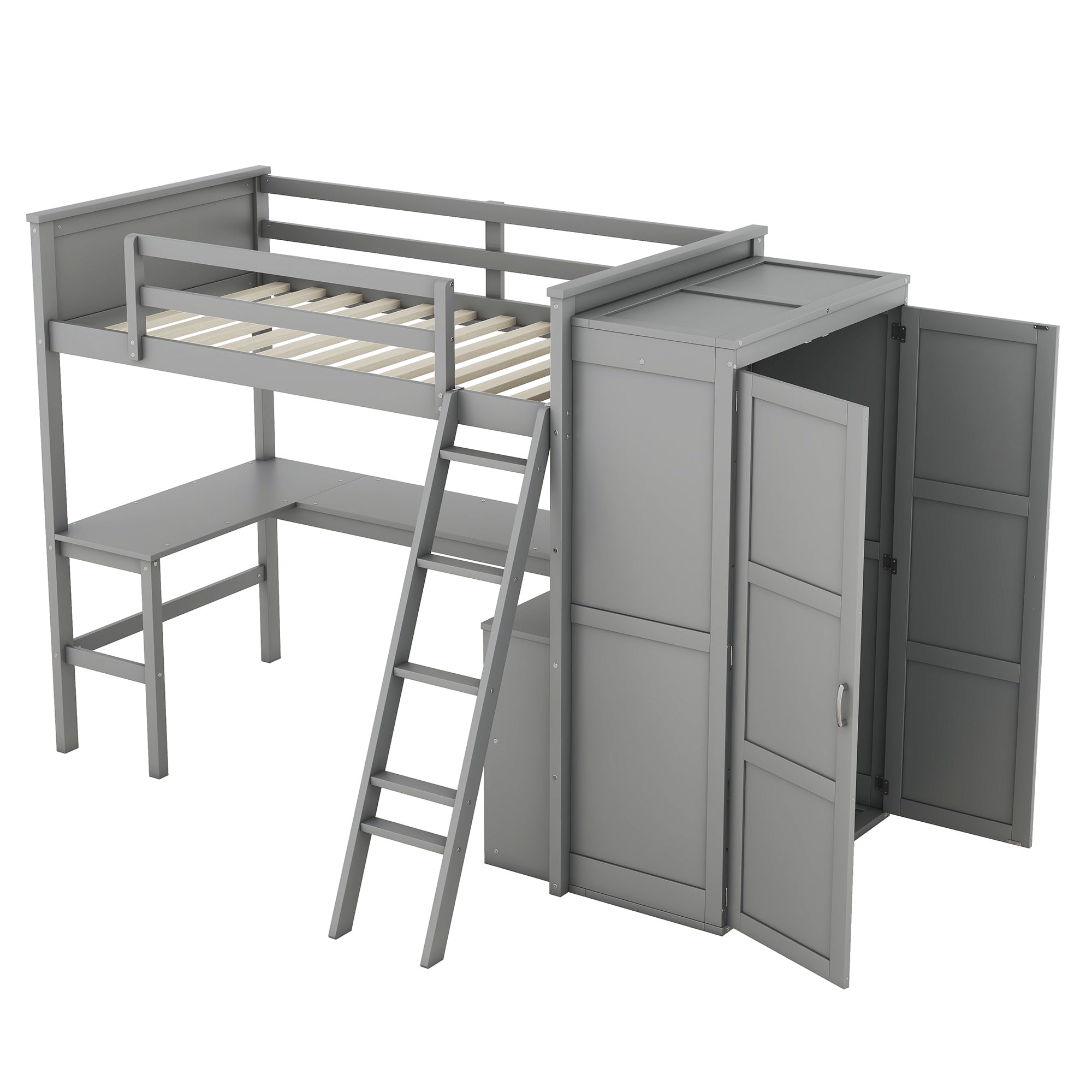 Twin size Loft Bed with Desk, Shelves and Wardrobe-Gray - Atlantic Fine Furniture Melbourne FL
