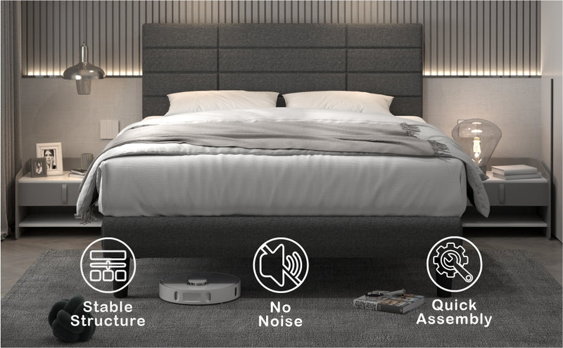 Molblly King Size Bed Frame with Upholstered Headboard, Strong Frame, and Wooden Slats Support, Non-Slip, and Noise-Free, No Box Spring Needed, Easy Assembly, Dark Grey