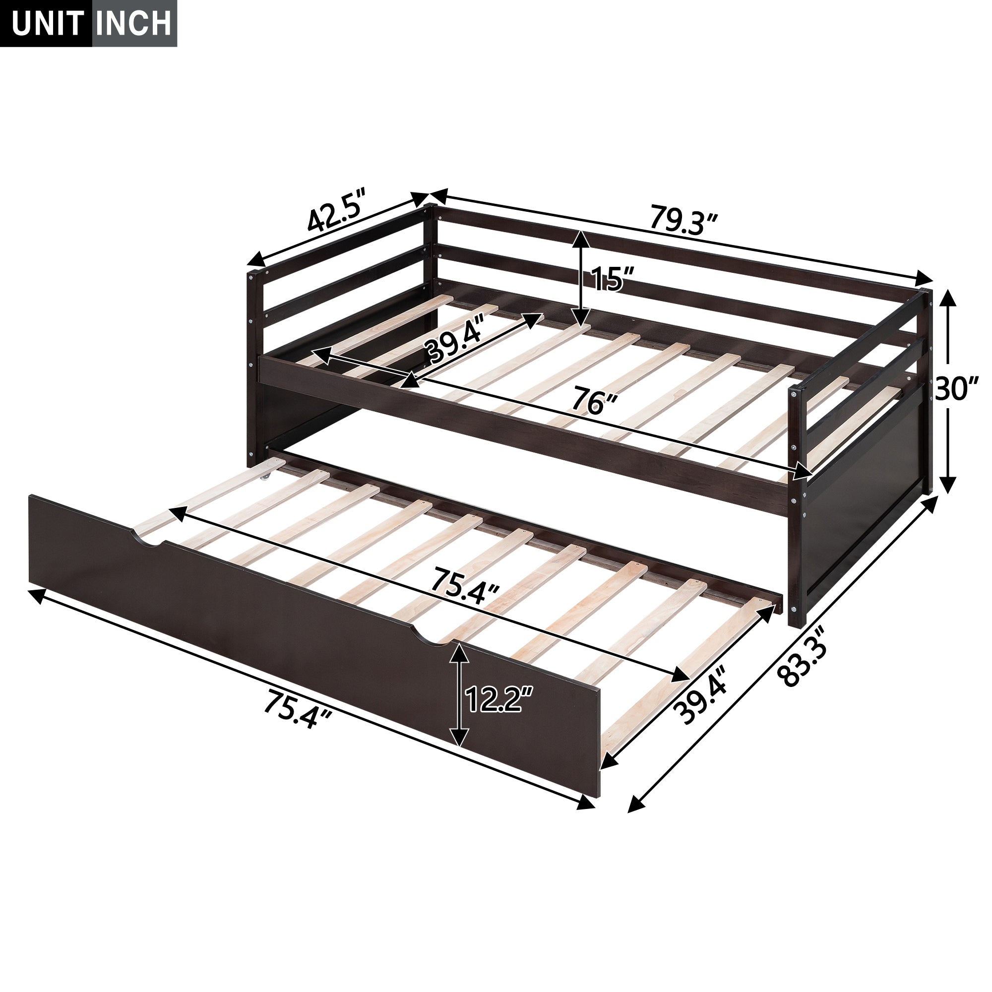 Twin Size Wood Daybed with Twin Size Trundle, Espresso - Atlantic Fine Furniture Melbourne FL