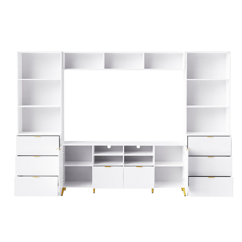 4 Piece Entertainment Wall Unit With 13 Shelves, 8 Drawers And 2 Cabinets, Multifunctional TV Stand Media Storage Cabinet With Fluted Line Surface For Living Room, For TVs Up To 70"